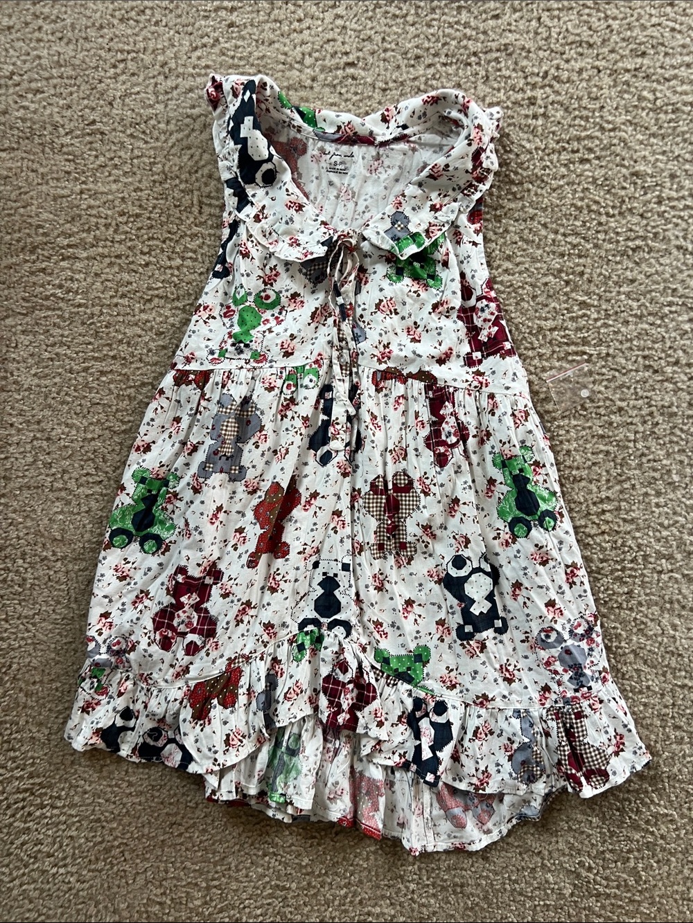 Cream Floral Button-Up Top with Pink & Green Teddy Bear Print